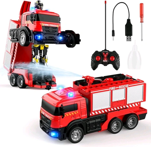  Fire Truck Transform Remote Control Truck, RC Truck with Water and Lights&Sound, Fire Engine Transformer Toys for 4 5 6 7 8 Year Old Kids Toddlers Boys Girls

