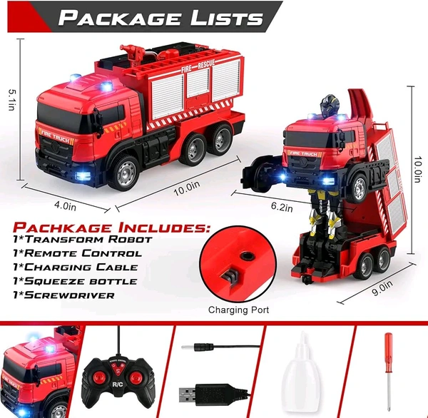  Fire Truck Transform Remote Control Truck, RC Truck with Water and Lights&Sound, Fire Engine Transformer Toys for 4 5 6 7 8 Year Old Kids Toddlers Boys Girls
