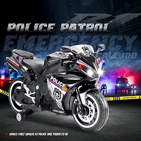 HOT GARAGE Hot Garage R1 Police Electric Rechargeable 12V Battery Operated Ride On Bike for Kids with Hand Accelerator 2 to 7 Years - (Black Painted)

