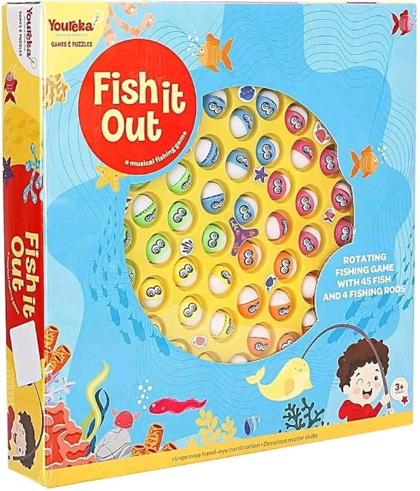 Patna Toys Musical Rotating Tyre Fishing Game Toy with 45 Fishes and 4 Poles for Kids - 4 Players (Yellow)
