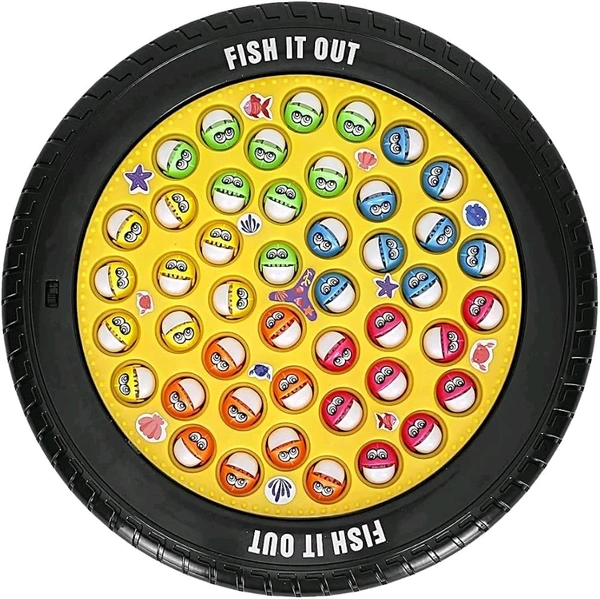 Patna Toys Musical Rotating Tyre Fishing Game Toy with 45 Fishes and 4 Poles for Kids - 4 Players (Yellow)
