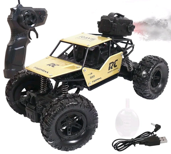 Patna Toys Smoke Rock Crawler Monster RC Truck with Booster Spray Function All Terrain Stunt Racing Car Rechargeable Indoor Outdoor Toy Car- Golden