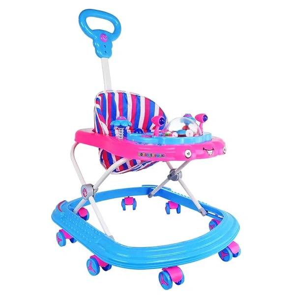 Donut Walker 6-18 Months | Height Adjustable Walker| Push Handle | Folding with Double Padded Seat | for Boys & Girls | Walker with Recreational Tray (Blue-Pink)