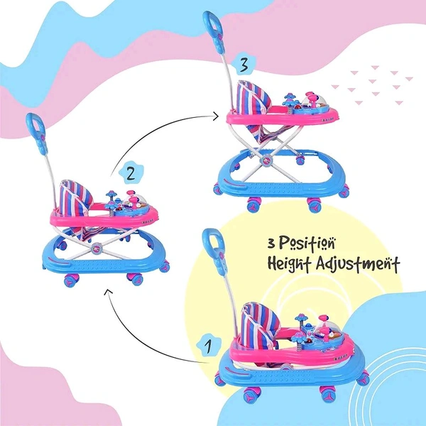 Donut Walker 6-18 Months | Height Adjustable Walker| Push Handle | Folding with Double Padded Seat | for Boys & Girls | Walker with Recreational Tray (Blue-Pink)