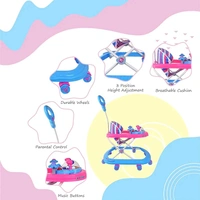 Donut Walker 6-18 Months | Height Adjustable Walker| Push Handle | Folding with Double Padded Seat | for Boys & Girls | Walker with Recreational Tray (Blue-Pink)