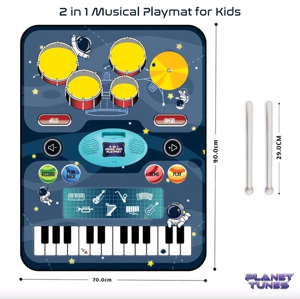  Patna Toys Tune Drum & Piano Combo Educational Musical Play Mat with 8 Musical Instruments Piyano Band Magic Kit 24-Key Keyboard, Built-in Speaker, Record Function- Multi Color