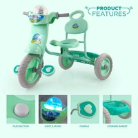 DASH Dash Vega Kids Musical Tricycle with Rear Storage Basket, Foot Rest, Back Support, Adjustable Canopy & Parent Control Push Handle, Capacity Upto 20 kg for Kids (1 to 4 Years, Green)



