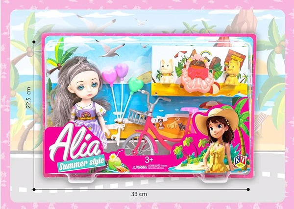 Alia Summer Style Doll Set with Summer Theme | Pretend Role Playset with Accessories Like Heart Shaped Balloons, Bicycle and Cute Handbag | Suitable for 3+ Years


