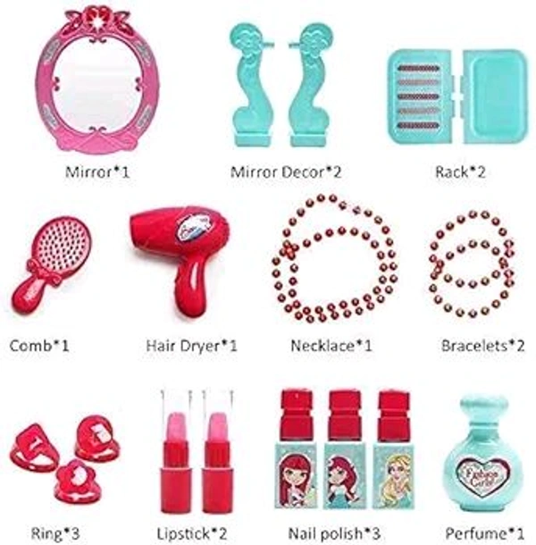 
2 in 1 Pretend to Play Cosmetic and Makeup Toy Set Kit for Girls,Beauty Dresser Table Play Set with Mirror, Hair Dryer Fashion & Makeup Accessories(Multi Color)

