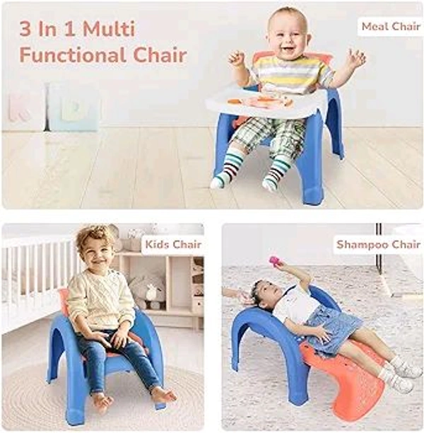 
R for Rabbit Jelly Bean Chair 3 in 1 Multi-Functional Baby Study, Shampoo, Meal | Regular Kids Seating Chair with High Backrest for 1-8 Years Kid, Weight Capacity Upto 40Kgs (Orange Blue)