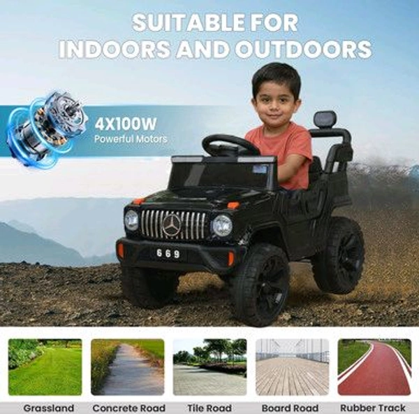Hot Garage Battery Jeep for Kids 1 to 6 Years | Driving Electric Car Toy Ride on 4x4 Motors | Loading Capacity of 50 Kg | Bluetooth Music Player | Battery Car - Remote Control Manual Steering Drive (Black)