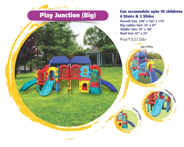 Playtool Playschool Catalogue Play junction (Big) Can accomodate upto 10 childrens4 Stairs & 2 SlidesOverall Size: 248" x 162" × 115"Big Ladder Size: 24" x 67"Slidder Size: 25" x 86"Roof Size: 67" x 24"