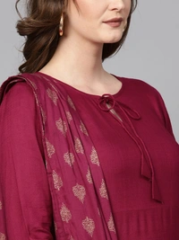 Women Rayon A-line Solid Long Kurti With Palazzos And Dupatta - Maroon, S