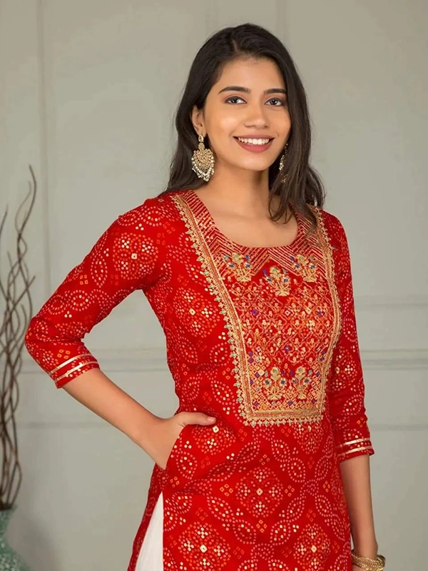 Women's Red Rayon Kurta Set with Sharara - S