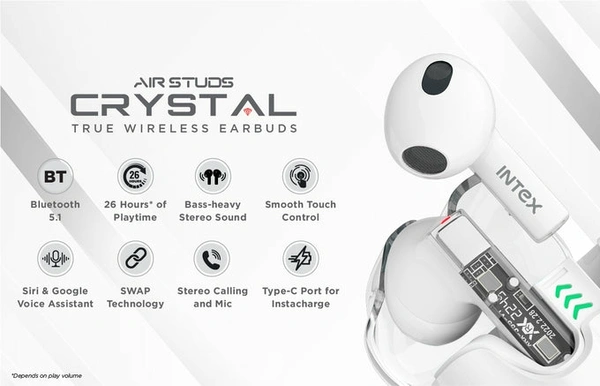 Intex Crystal True Wireless Earbuds  - White, 1 Year Warranty