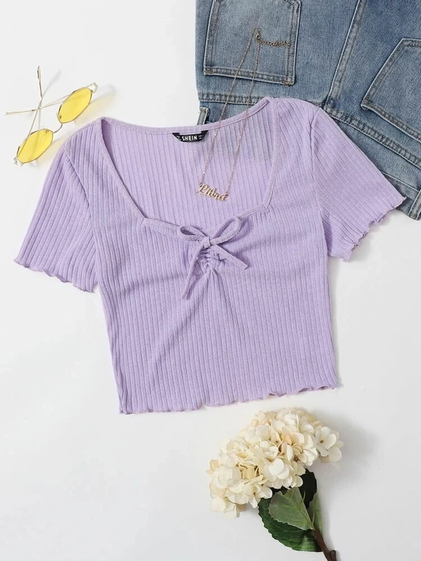 Drawstring Front Lettuce Edge Rib-Knit Tee - lycra, XS (Bust Size: 14 in, Length Size: 17 in) 