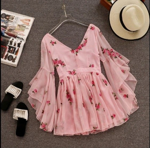 Flare Pink embroidered Dress - Georgette, S (Bust Size: 32 in, Length Size: 36 in) 