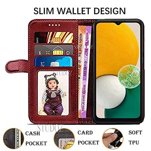 a13 4g pu leath STUDOZ Flip Cover for Samsung Galaxy A13 4G | PU Leather Foldable Stand Card Pockets Front & Back Full Protection Wallet Back Cover Case for Samsung Galaxy A13 4G (Brown)