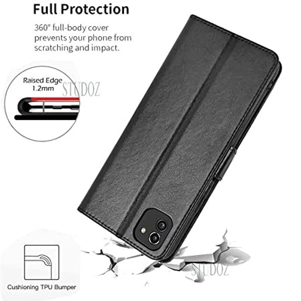 LEATH STUDOZ Flip Cover for Samsung Galaxy A03 | PU Leather Foldable Stand Card Pockets Front & Back Full Protection Wallet Back Cover Case for Samsung Galaxy A03 (Black) - MIX COLOR