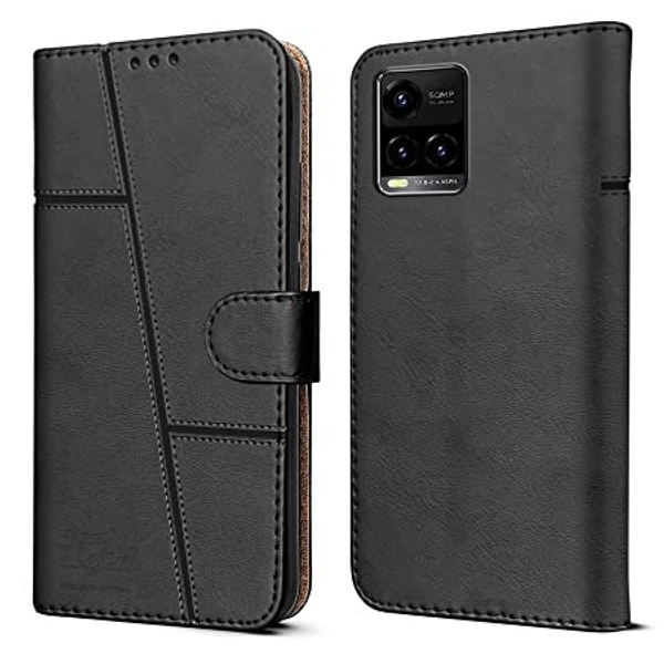 Vivo Y21e | Vivo Y21A Jkobi Flip Cover Case for Vivo Y21e | Vivo Y21A | Vivo Y32 (Stitched Leather Finish | Magnetic Closure | Inner TPU | Foldable Stand | Wallet Card Slots | Black)