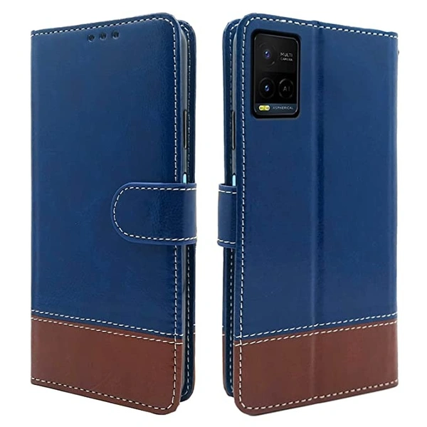 Vivo Y21 2021 / Vivo Y33s Pikkme Vivo Y21 2021 / Vivo Y33s Flip Cover Leather Finish Wallet Back Case for Vivo Y21 2021 / Vivo Y33s (Blue & Brown)