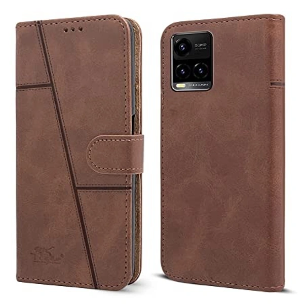 Vivo Y21 2021 Jkobi Flip Cover Case for Vivo Y21 2021 (Stitched Leather Finish | Magnetic Closure | Inner TPU | Foldable Stand | Wallet Card Slots | Brown)