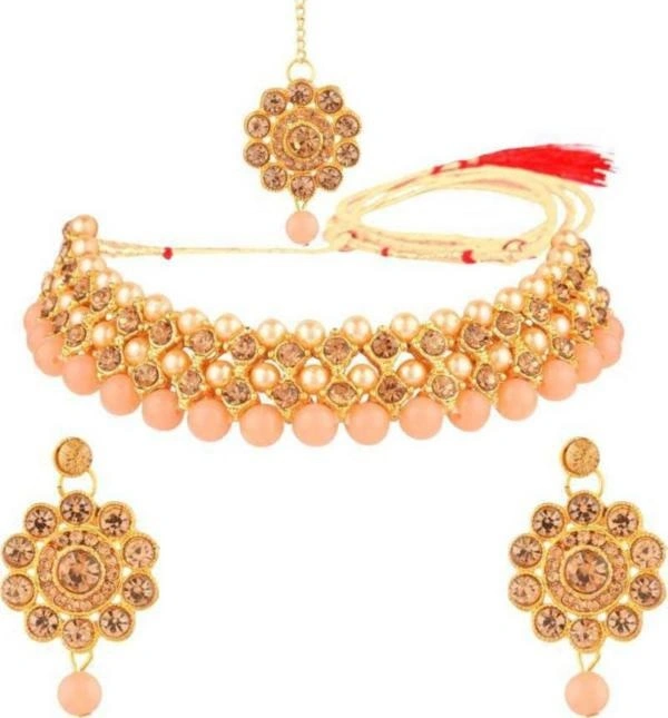 Plated Alloy Necklace, Earring And Maang Tikka Set Rhosyn Women And Girls Gold Plated Alloy Necklace, Earring And Maang Tikka Set - One Size, Multi