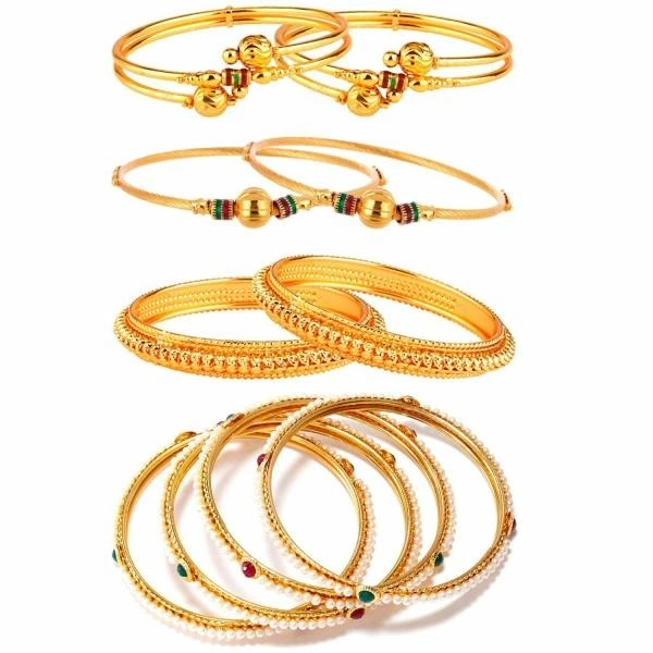 Gold Plated Bangles For Women - Pack Of 10 (2.6) Zeneme Combo Of Designer Pearls Bangles, Trendy Gold Plated Bangles For Women - Pack Of 10 (2.6) - 2-4, 2-6, 2-8, Gold