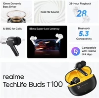 REALME realme Techlife Buds T100 with up to 28 Hours Playback & AI ENC for Calls Bluetooth Headset - (Black, True Wireless)