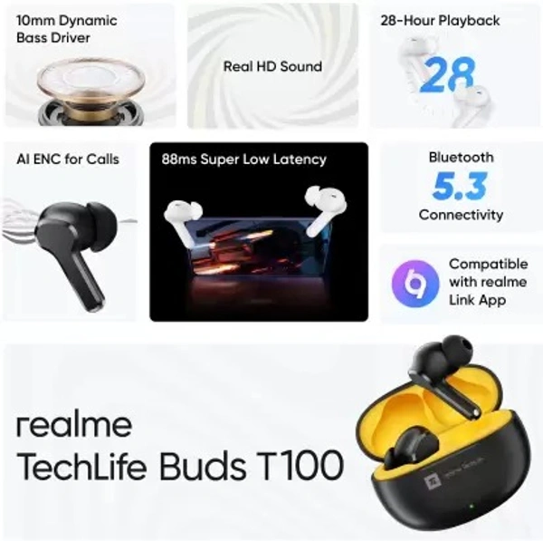 REALME realme Techlife Buds T100 with up to 28 Hours Playback & AI ENC for Calls Bluetooth Headset - (Black, True Wireless)