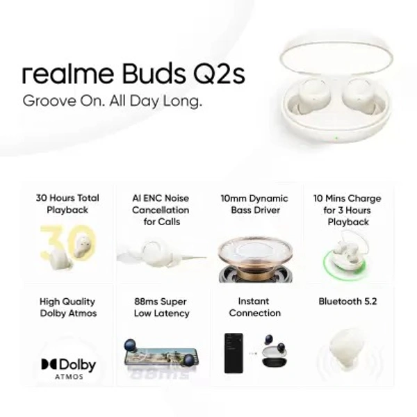 REALME realme Buds Q2s with AI ENC & Fast Charging Bluetooth Headset - (Paper White, True Wireless)