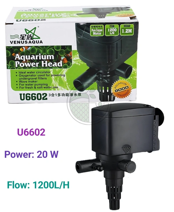 Venus Aqua U6602 Aquarium Power Head – 20W Submersible Pump | 1200L/H Flow | 3-in-1 Filtration & Aeration