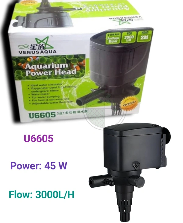 Venus Aqua U6605 Aquarium Power Head – 45W Submersible Pump | 3000L/H Flow | 3-in-1 Filtration & Aeration