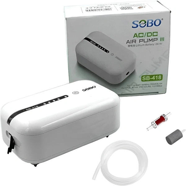 SOBO SB-418 AC/DC Aquarium Air Pump with Rechargeable Battery – 3L/Min Output, Ultra-Quiet, Portable with Air Stone, Tube & Check Valve