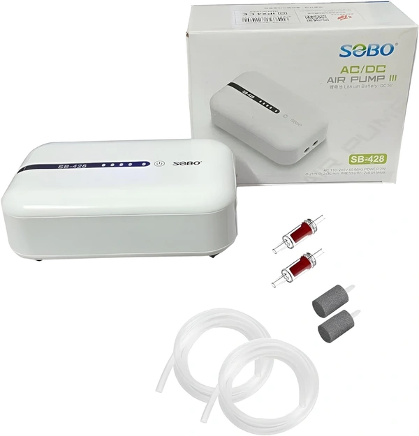 SOBO SB-428 AC/DC Aquarium Air Pump with Rechargeable Battery – 3L/Min Output, Ultra-Quiet, Portable with Air Stone, Tube & Check Valve