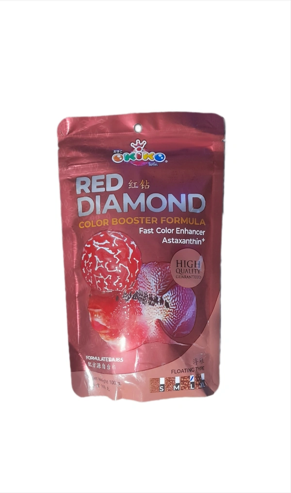 Okiko Red Diamond Flowerhorn Fish Food | 100 Gm – Fast Color Enhancer, Kok Growth, High Protein, Clean Water Formula