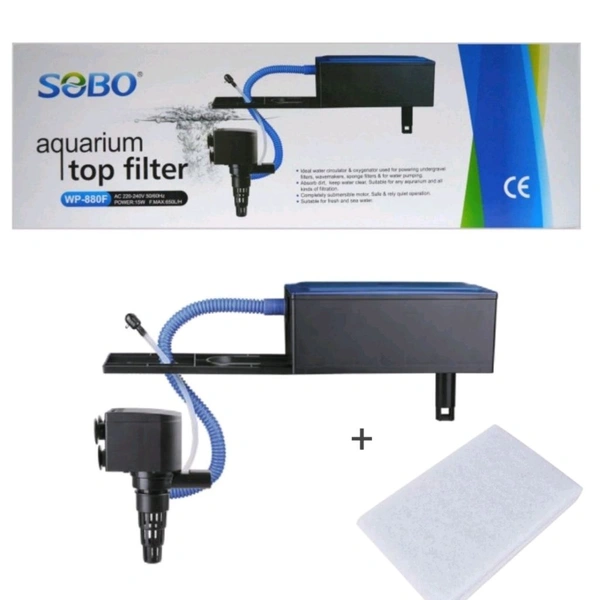 SOBO Top Filter WP-880F For Aquarium|15 Watt, 650L/H|Free 1 Feet White Sponge 