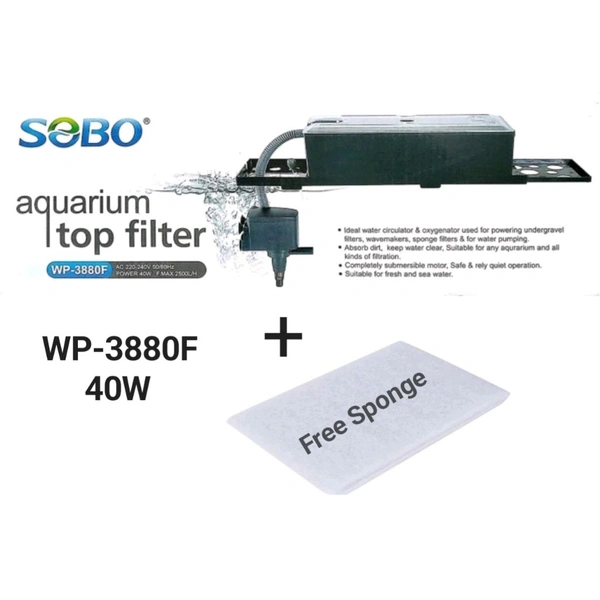 SOBO Top Filter WP-3880F For Aquarium|P: 40 Watt, F: 2500L/H|Free Sponge 