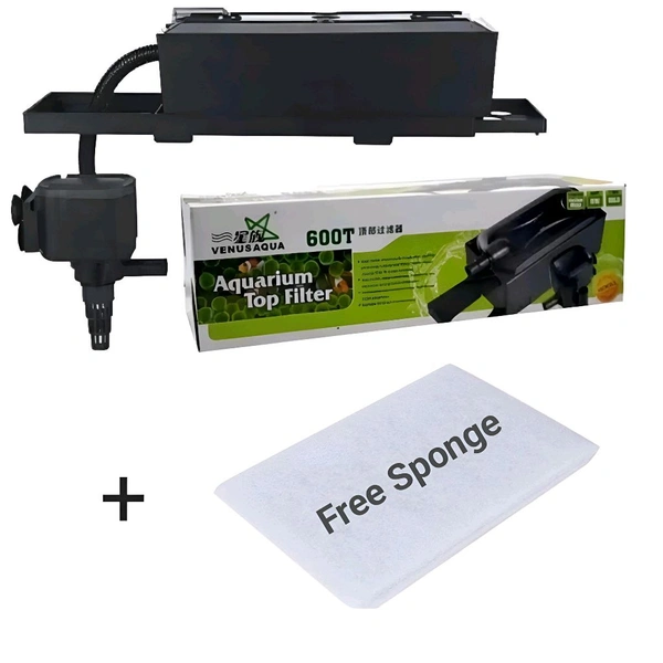 Venus Aqua - 600T Top Filter For Aquarium|Power:15 Watt, F. Max:650 L/H|Free Sponge 