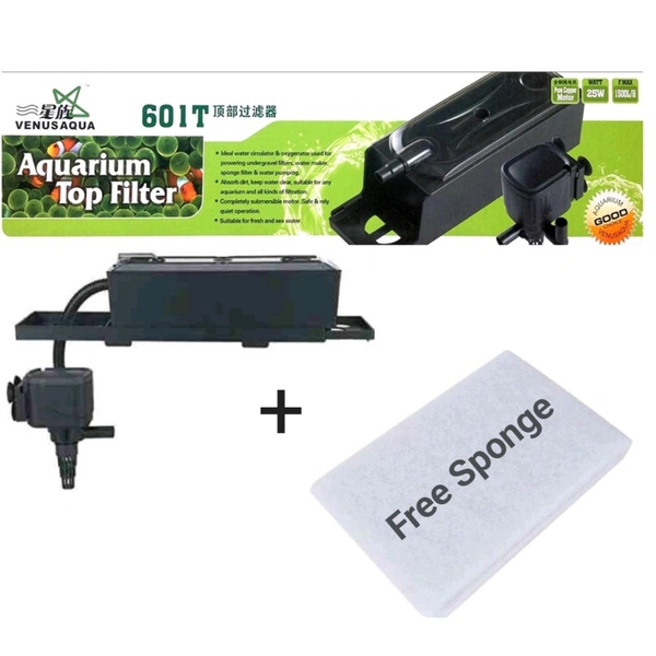 Venus Aqua 601T Top Filter For Aquarium|Free Sponge|Power:25 Watt, F. Max.:1500 L/H