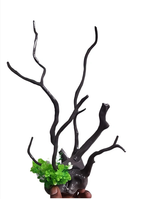 Artificial Driftwood Aquarium Decoration – 35cm Tall with Green Plants | Non-Toxic Plastic Aquascape Showpiece