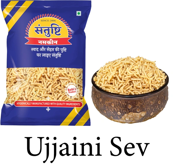 SANTUSHTI NAMKEEN | UJJAINI SEV | POHA SEV |  Crispy & Medium Spicy, Made in Groundnut Oil - 200 Gms