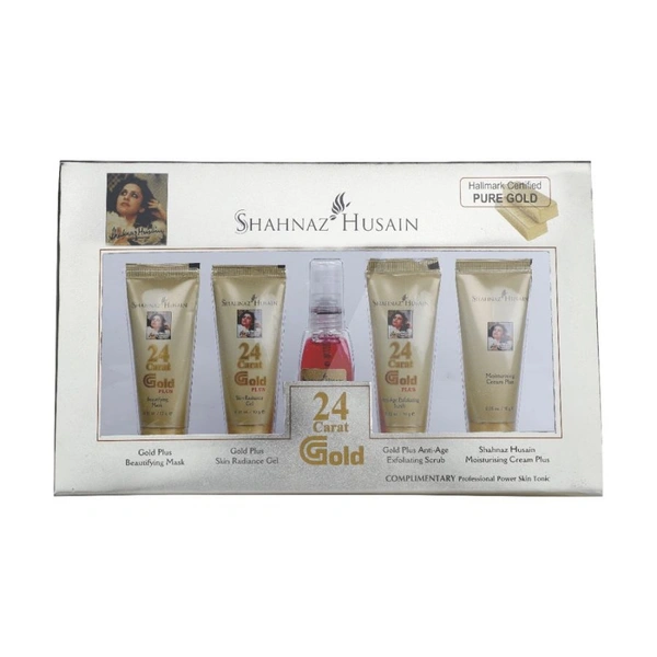 Shahnaz Husain Gold Skin Radiance Timeless Youth 10gx4 Kit (G.Scrub,G.Gel,M.Cream,G.Mask) and Professional Power Skin Tonic 15ML - 55gms