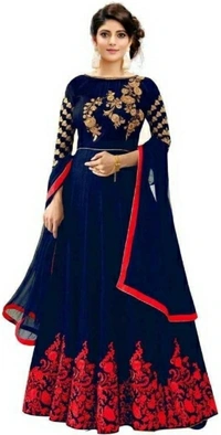 Santokba Satin Embroidered Salwar Suit Material - Blue, Red