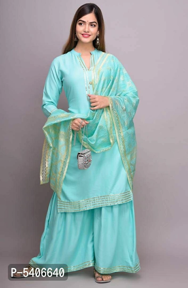 Women Rayon Gotta Work Sky Blue Kurta Sharara With Dupatta SetSize: MLXL2XL Color:  Turquoise Fabric:  Rayon Type:  Kurta, Bottom and Dupatta Set Style:  Solid Design Type:  A-LineWithin 8-10 business days However, to find out an actual date of delivery, please enter your pin code.This is Designed as per the latest trends to keep you in sync with high fashion and with wedding and o - Turquoise, Within 8-10 business days, A-Line, Rayon, Within 7 days of delivery. Full refund., Free shipping, M, Kurta, Bottom
