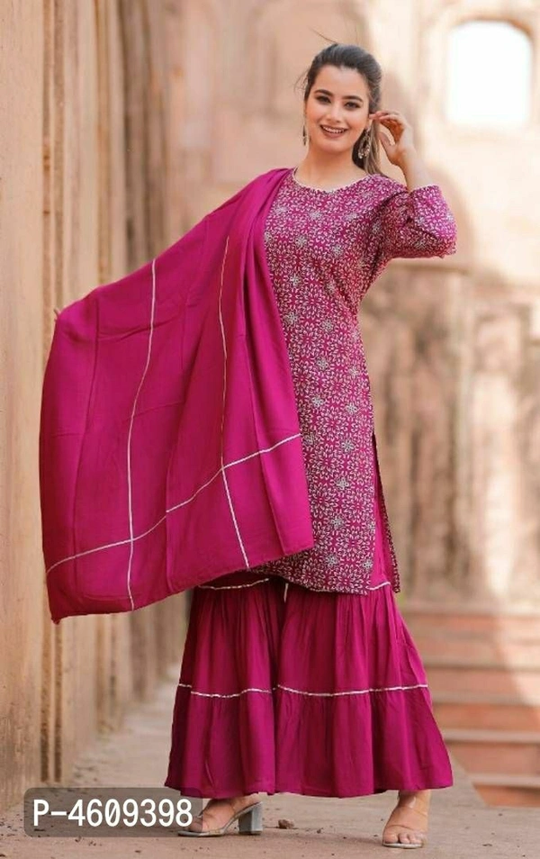 Rayon Straight Kurta With Sharara And Dupatta Set - Pink, Within 8-10 business days, Straight, Rayon, Within 7 days of delivery. Full refund., Free shipping, M, Kurta, Bottom and Dupatta Set