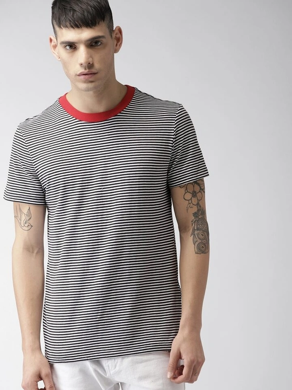 Black & White Striped Round Neck Tshirt - cotton, S