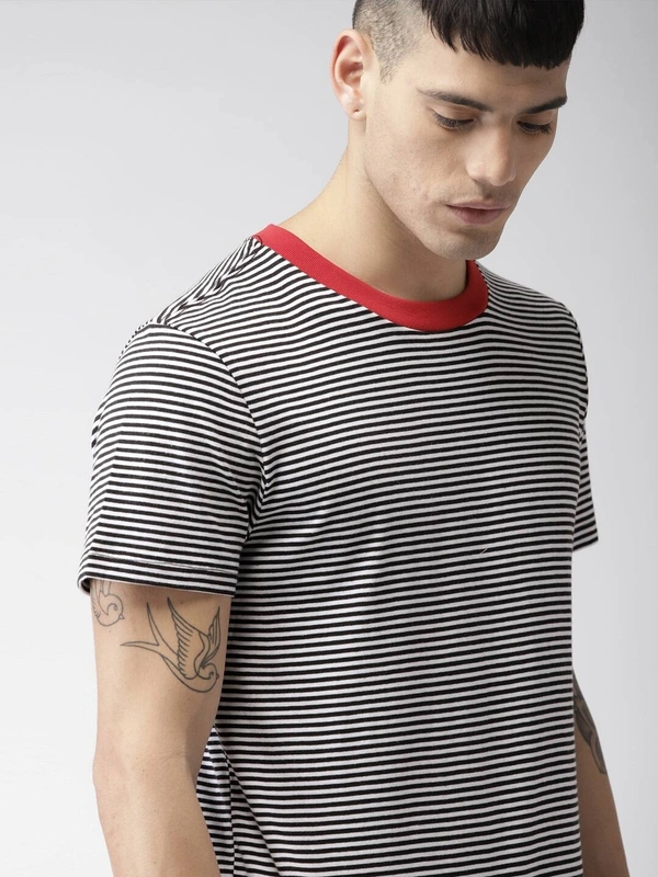 Black & White Striped Round Neck Tshirt - cotton, S