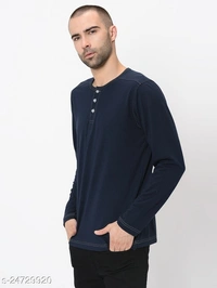 Contrast Stitch Solid Henley Neck T-Shirt - Cotton Blend, S (Chest Size: 36 in, Length Size: 27 in) 