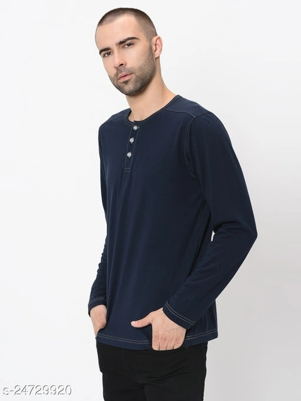 Contrast Stitch Solid Henley Neck T-Shirt - Cotton Blend, S (Chest Size: 36 in, Length Size: 27 in) 